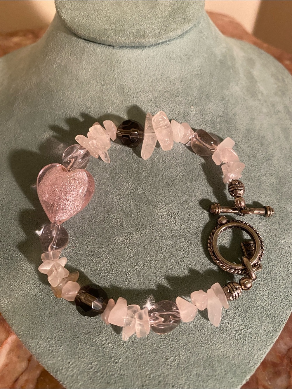 Artisan Rose Quartz & Pink Lampwork Glass Heart Bracelet Toggle Clasp